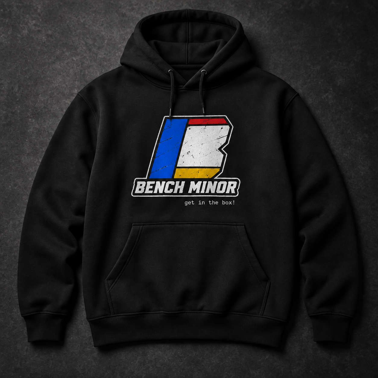 Black Bench Minor Box Logo Hoodie on a gritty charcoal background