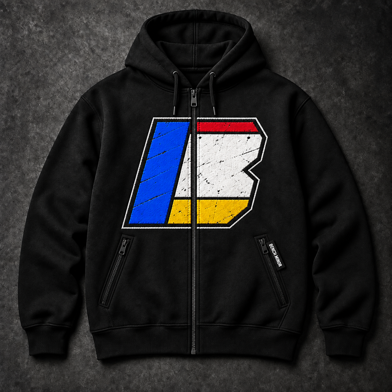 Black Bench Minor Official 8 Hoodie in blue line and red rail colorway with pocket-edge tag
